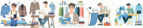 vector young man sewing clothes