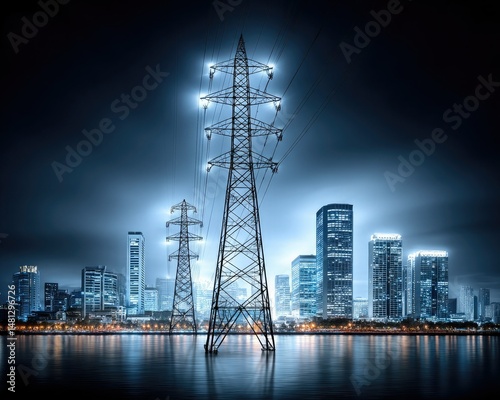 A towering power line stands before a glowing city skyline at night, reflecting on a calm body of water.