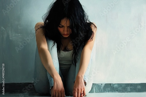 Young woman with long dark hair sitting on the floor with knees drawn up, head bowed, appearing contemplative or sad in a minimalist room