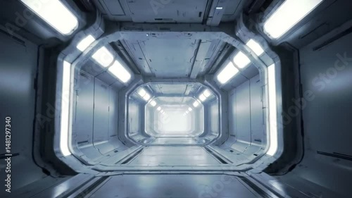 Illuminated futuristic corridor with metallic walls and bright light at the end
