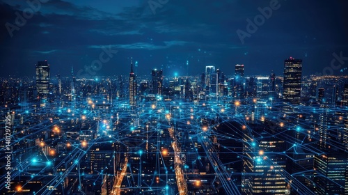 Wallpaper Mural A vibrant city skyline at night illuminated by blue digital connections representing a network. showcasing technological advancement and urban life Torontodigital.ca