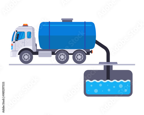 Filling a well with water. Truck with a tank and a pump hose. Machine for draining liquid. Industrial vehicle. Plumbers work. Flat illustration