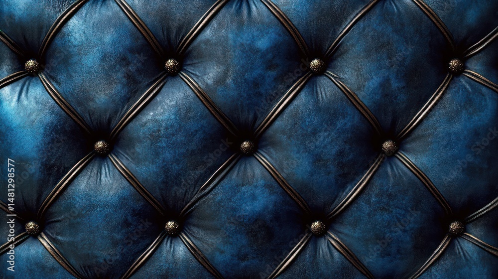 Fototapeta premium Close-up of luxurious dark blue tufted leather upholstery with button details creating a diamond pattern