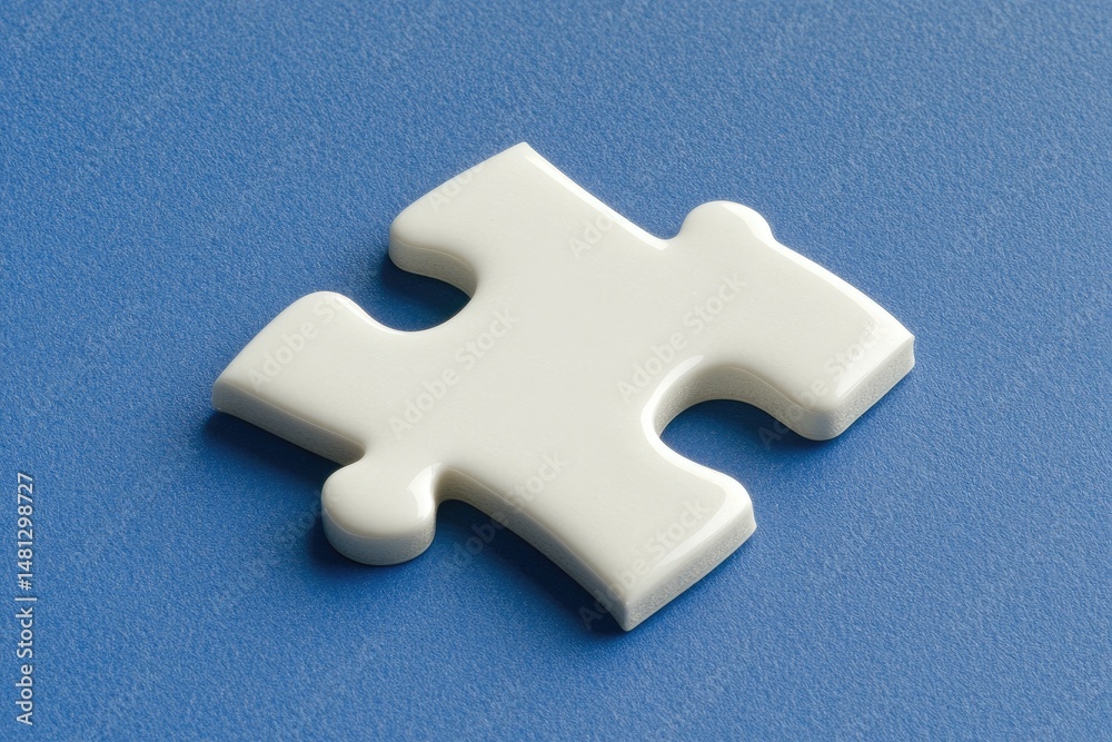 Obraz premium A close-up view of a single white puzzle piece resting on a blue background. symbolizing problem-solving and completion in various contexts like education and strategy