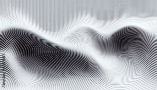 Abstract 3D surface with smooth undulating hills formed by closely spaced black and white linear grooves creating a wave-like pattern and a sense of depth and motion