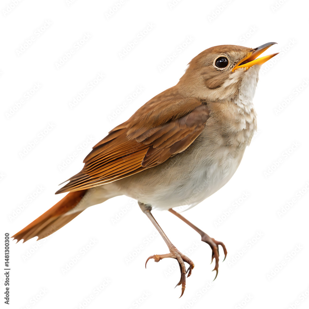 Fototapeta premium Beautiful nightingale bird singing against isolated on white background with detailed feathers and open beak