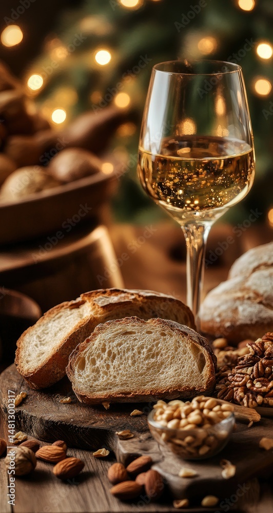 Fototapeta premium Festive bread with wine, nuts, and cozy.