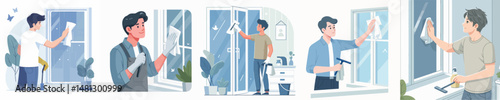 vector character man wiping window