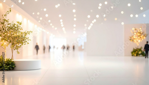 Blurred Firefly Light Background of a Modern Expo with White Interior Hallway Architecture and Minimalist Design Featuring Abstract Shapes