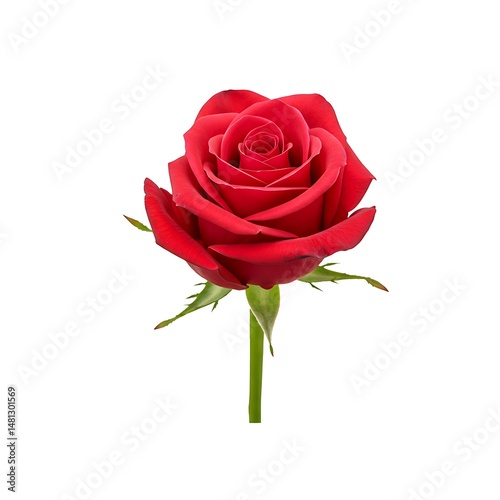 A single red rose with stem and leaves, studio shot, isolated on white background