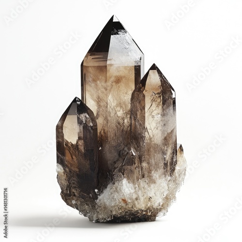 Smoky quartz cluster.  A captivating smoky quartz cluster, showcasing facets and points photo