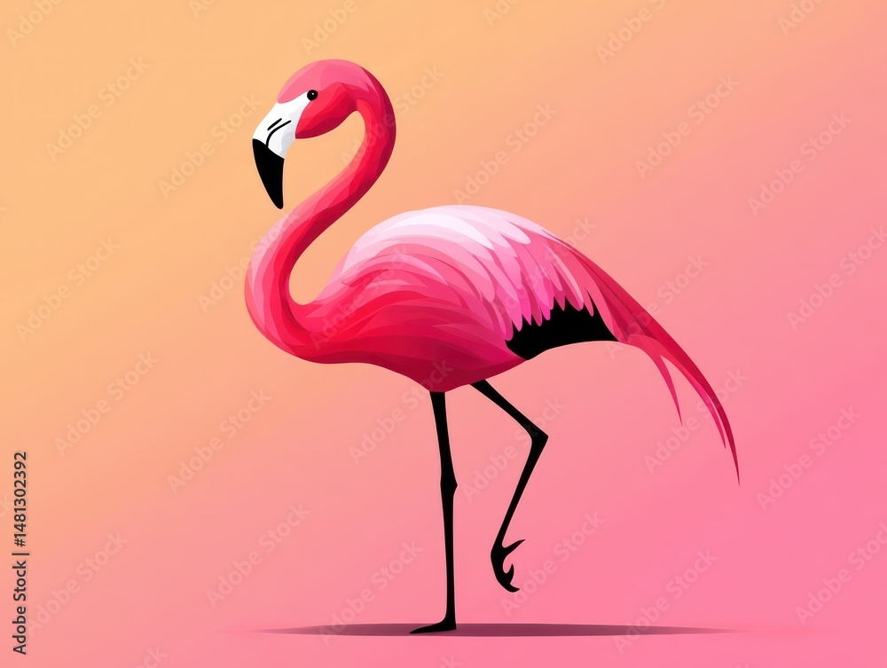 Fototapeta premium Bright pink flamingo standing on one leg with clean gradient background in warm peach and pink tones