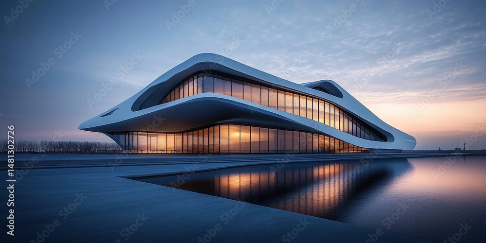 Fototapeta premium Modern futuristic building with smooth curved architecture and large glass windows reflecting warm interior lighting at dusk over still water