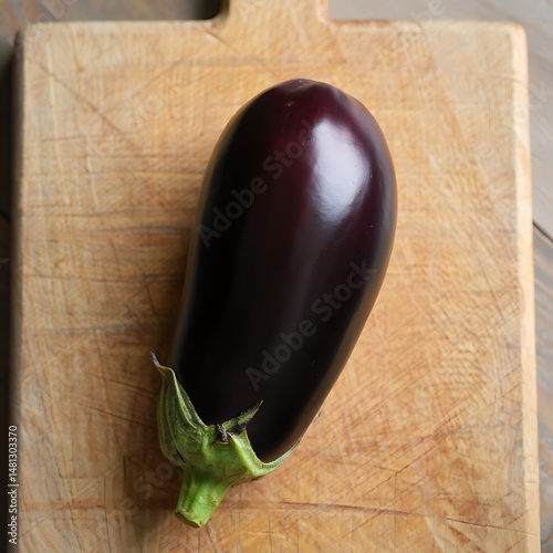 Fresh eggplant on a rustic wooden board, top view. photo