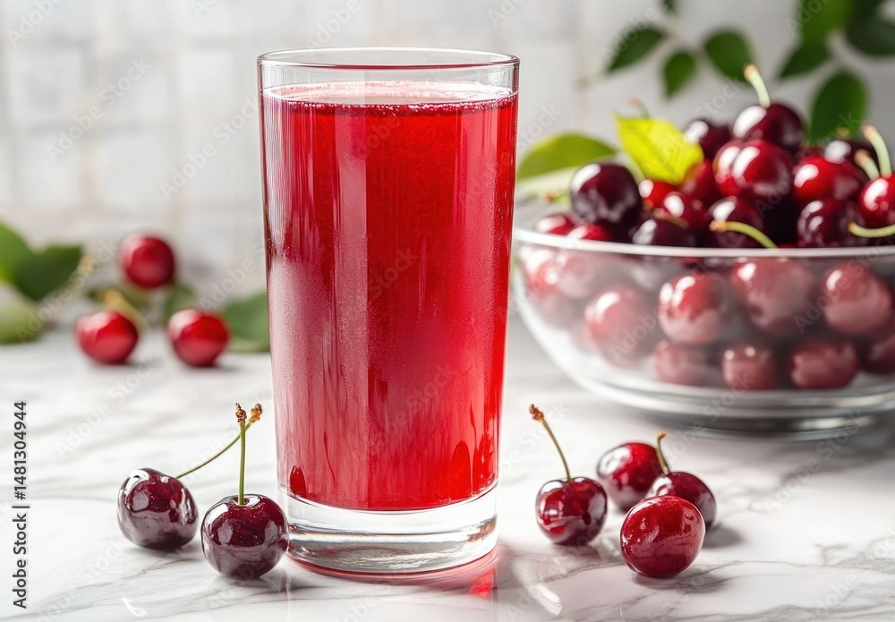 custom made wallpaper toronto digitalA tall clear glass filled with bright red cherry juice surrounded by fresh whole cherries on a marble surface with a bowl of cherries in the background