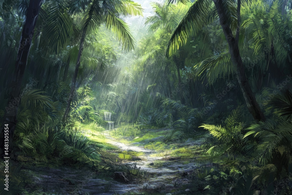 Obraz premium Lush tropical forest path. Sunlight streams through dense foliage