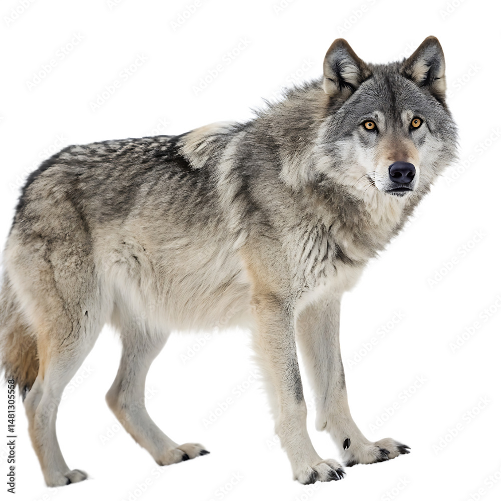 Fototapeta premium Majestic gray wolf standing proudly with intense gaze isolated on white background