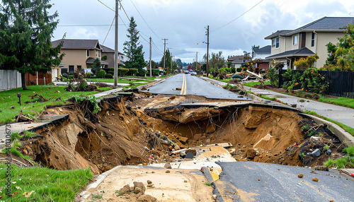 地盤沈下の道路。地震における地盤沈下の被害状況イメージ。Subsiding road. Image of damage caused by subsidence due to an earthquake.