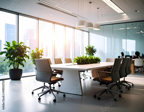 Bright Modern Meeting Room with White Table and Chairs Plants and City View Blurred Background