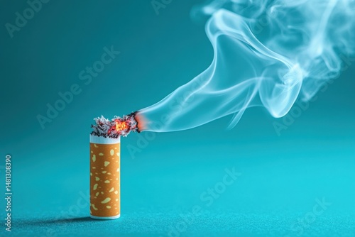 Close-up of a burning cigarette with glowing embers and wisps of smoke against a turquoise background photo