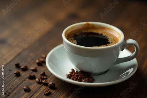 A single serving of strong coffee, prepared for immediate consumption , dark, ready to drink, easy coffee