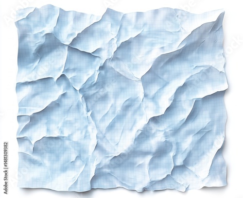 Crumpled piece of blue graph paper with visible grid lines and multiple creases and folds casting soft shadows