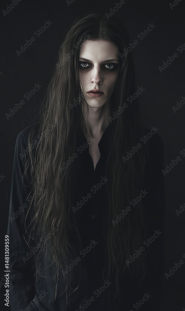 Fototapeta premium Portrait Of A Pale Woman With Long Dark Hair And Intense Gaze In A Dark Setting