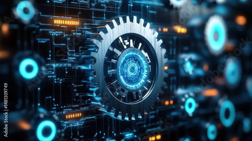 Wallpaper Mural Close-up view of metallic gear integrated with glowing blue digital circuitry and technological data connections in a high-tech futuristic environment Torontodigital.ca