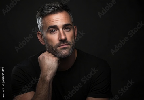 Portrait Of A Serious Man With Graying Hair And Beard In Dim Studio Setting