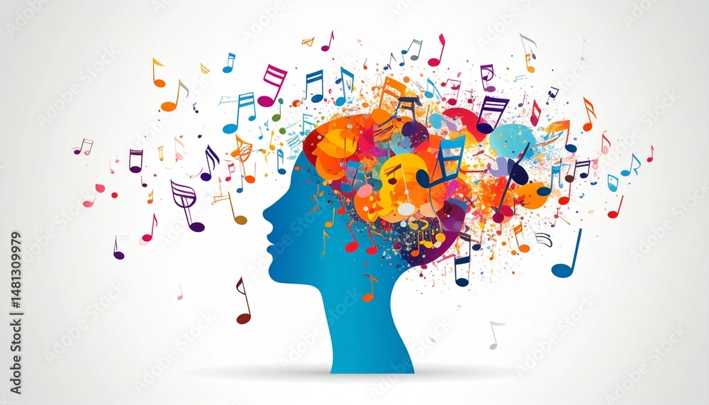 Fototapeta premium Colorful Music Notes Flowing from a Woman's Head Silhouette