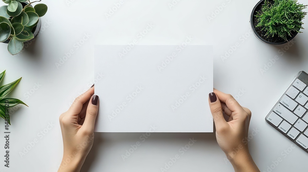 Obraz premium Two hands holding a blank white rectangular paper over a white desk with potted plants and a white keyboard around, conveying simplicity and minimalism