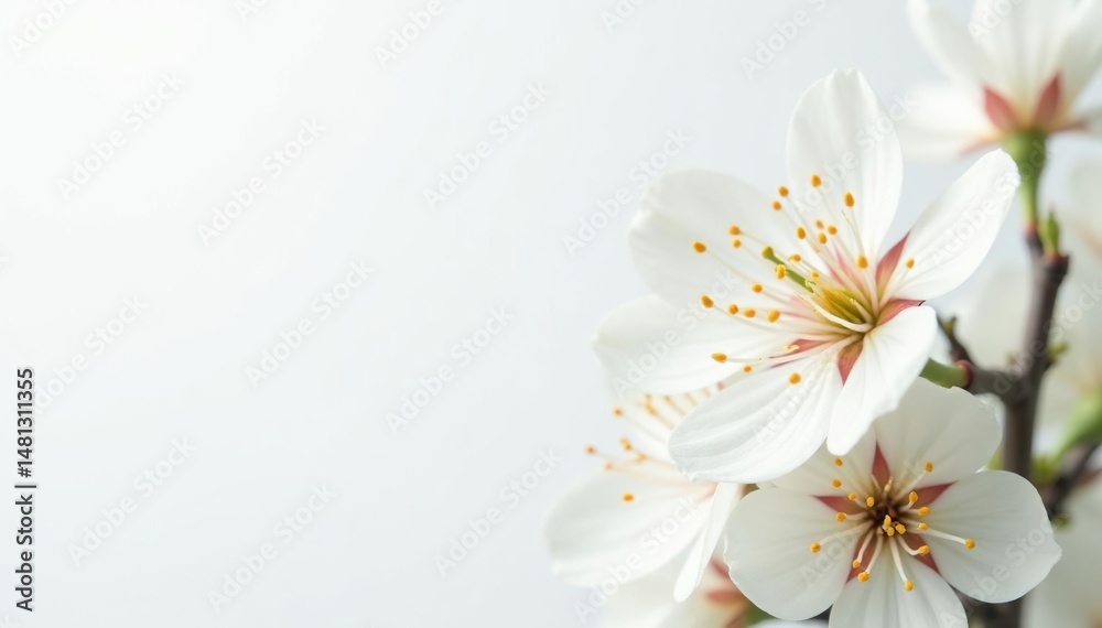 Obraz premium Delicate white flower blossoms on pure white backdrop, bloom, detail, close up