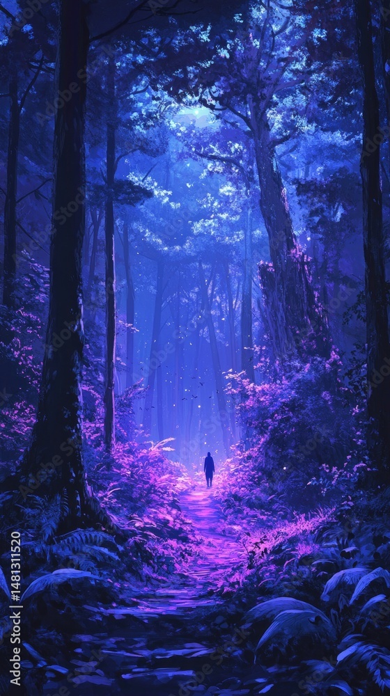Fototapeta premium A solitary figure walks through a mystical forest illuminated by ethereal lights. surrounded by vibrant foliage and a serene atmosphere. evoking a sense of wonder and exploration