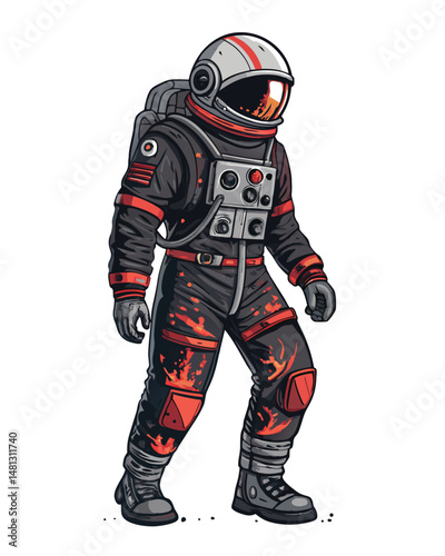 A weathered astronaut, their spacesuit torn and revealing exposed skin, stands amidst a nebula, emitting a faint, ethereal glow.  The scene depicts a post-apocalyptic or battle-scarred future.