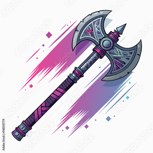 Create a digital painting of a battle axe, dripping with vibrant, glitching digital effects; showcasing a blend of medieval weaponry and futuristic technology.