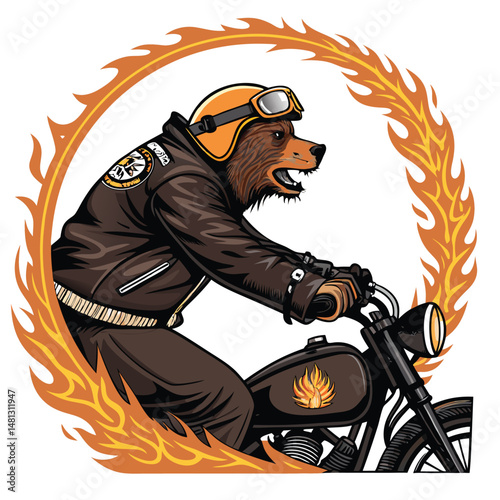 A tough biker bear, wearing a black leather jacket and helmet, rides a powerful motorcycle.  The scene is gritty and realistic.