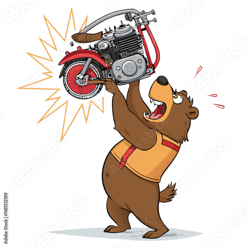 A cartoon grizzly bear powerfully lifting a large motorcycle engine overhead, comical expression, vibrant colors, detailed muscle definition.