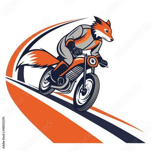 A stylized line drawing of a fox biker drifting a motorcycle at high speed on a race track.  Dynamic, speed lines emphasized.