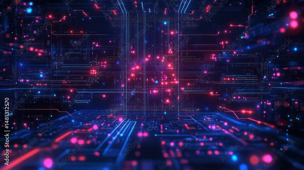 Obraz premium Abstract digital circuit board with glowing neon blue and pink lights representing futuristic technology and data flow in a dark virtual environment