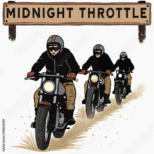 A long line of biker gang members on powerful motorcycles ride in formation, kicking up a massive dust trail at midday.  Focus on the dust and the dynamic action.