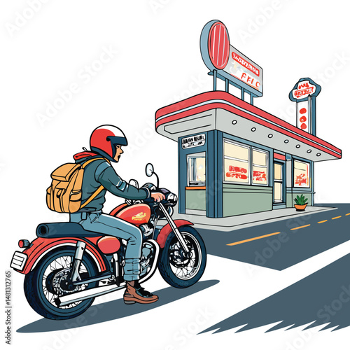 A lone cyclist, wearing a helmet and backpack, pauses their road bike on a scenic roadside, enjoying a brief rest during a long ride.