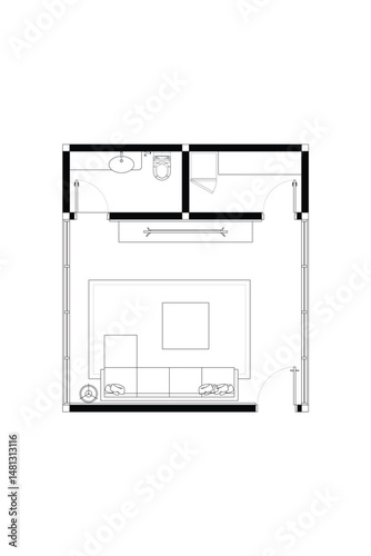 2 dimension floor plan with furniture layout design of small home theater with toilet and pantry, line black isolated on white background. Set 5