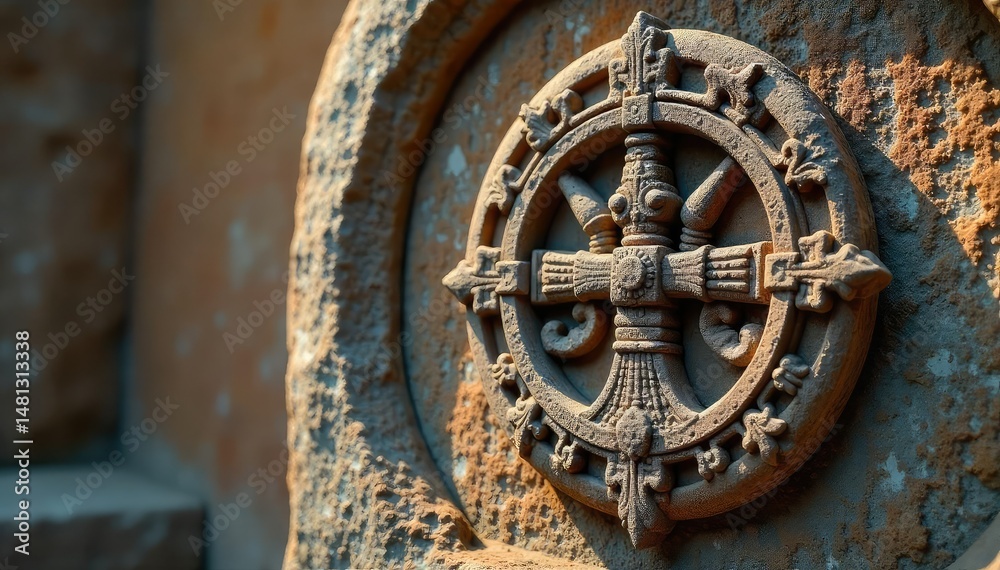 Fototapeta premium Close-up of an ancient, ornate religious symbol carved in stone , antique, history