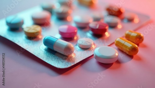 Close-up of various pills and capsules in a blister pack and loose, ready for dispensing , pill bottle, prescription, over the counter drugs