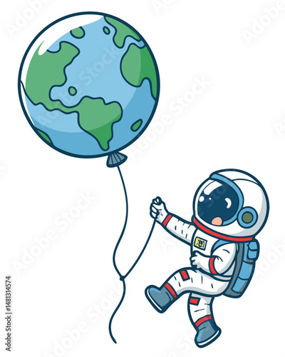 A cheerful cartoon astronaut, wearing a helmet, floats in space tethered to a large, colorful balloon shaped like a planet.  Stars twinkle in the background.