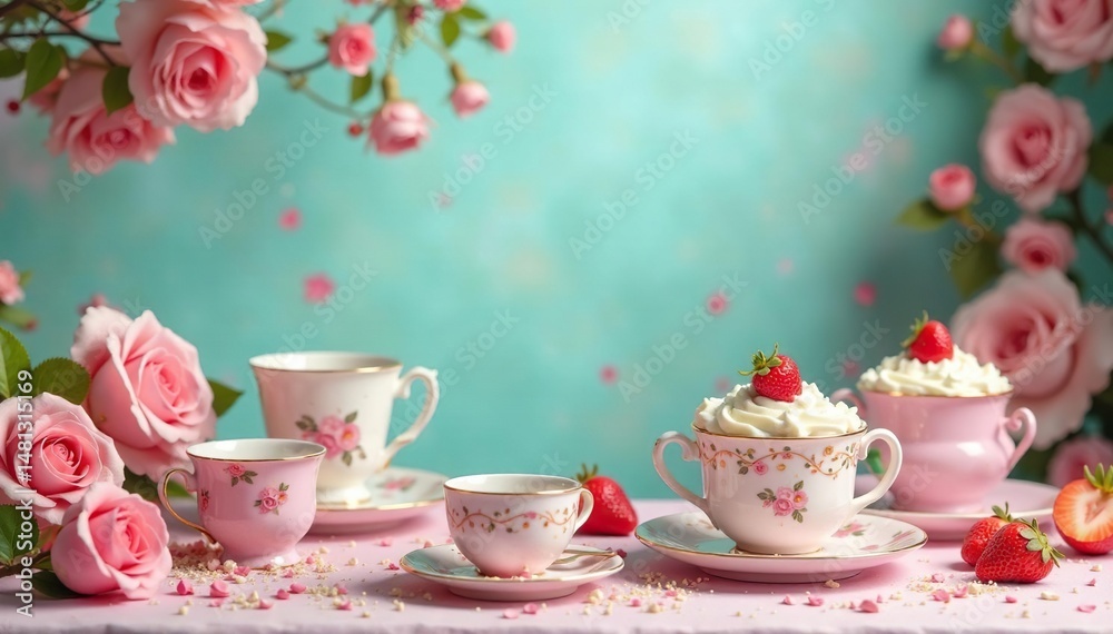 Fototapeta premium Whimsical tea party scene with oversized teacups and cake , tea party, childhood
