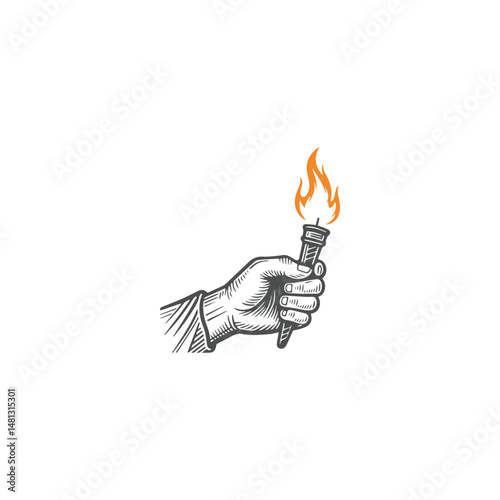 Hand holding torch logo with engraving design style template