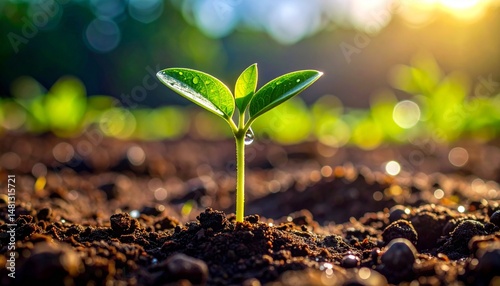 Small green plant grow with water droplet on soil, focus on plant 