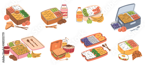 Set of lunch boxes with healthy food and drinks. Flat vector illustration.