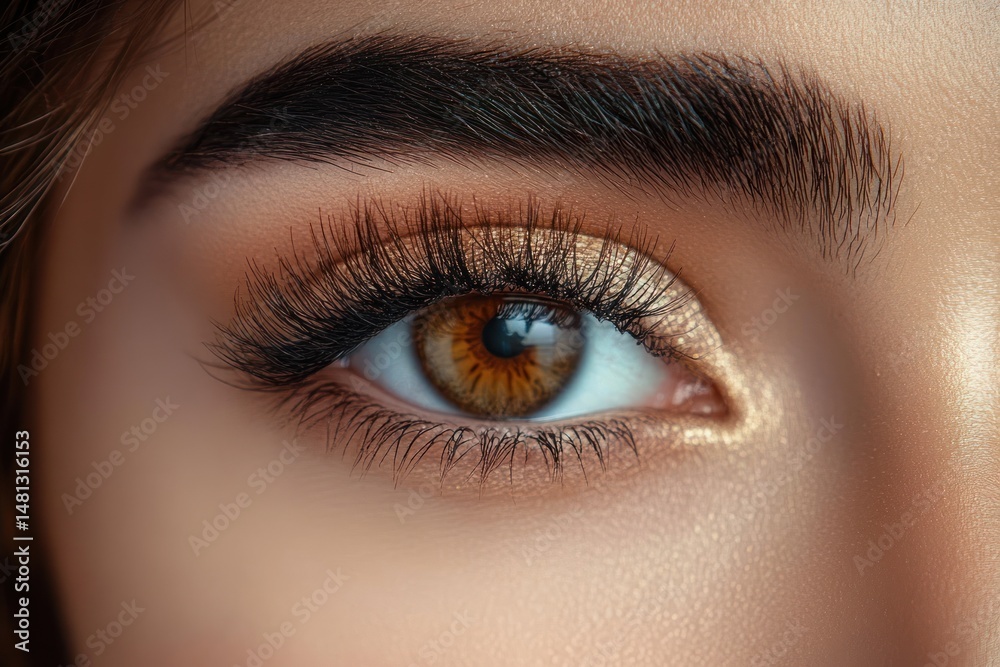 Obraz premium close-up of a brown eye with long eyelashes and well-defined eyebrow, smooth skin texture and subtle golden eyeshadow creating a calm and focused expression